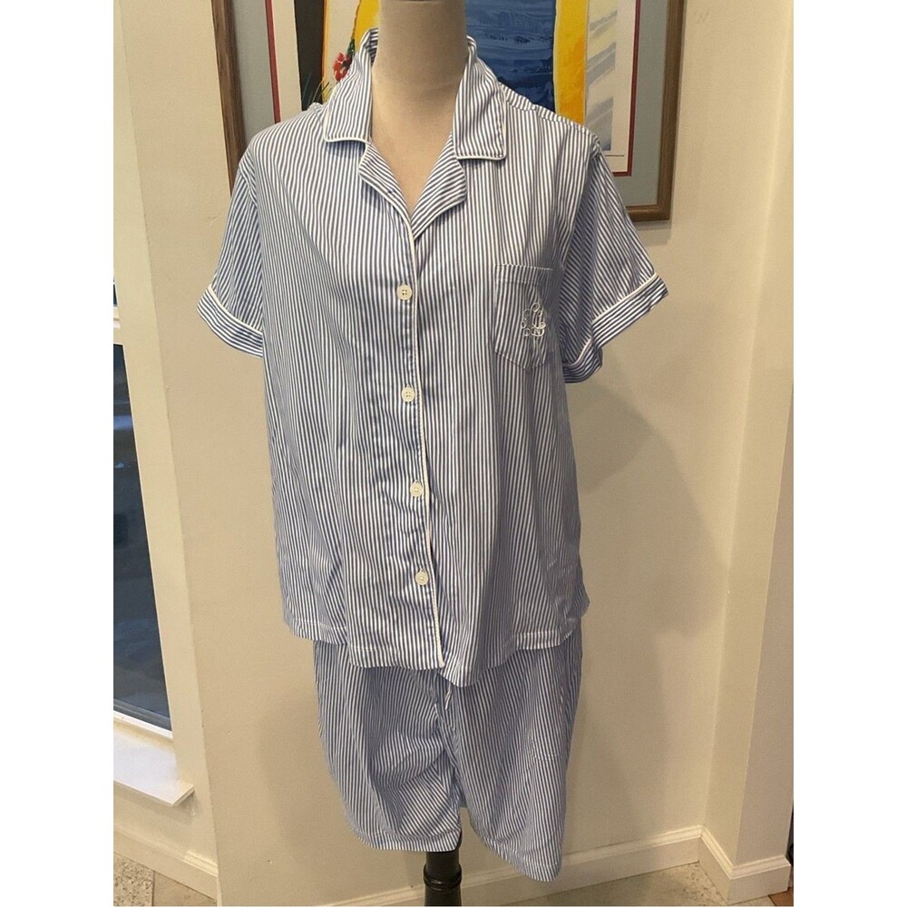 Lauren Ralph Lauren Cotton Blue & White Striped Short-Sleeve Pajama Set